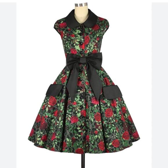Chic Star Good Goth Rose Thorn Vintage Print Peter Pan Pocket Dress Size 8 NWT - Picture 1 of 16